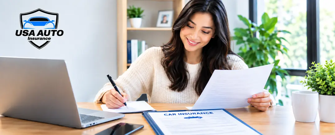 What Do I Need to Get Car Insurance? Woman reviewing car insurance documents at a desk